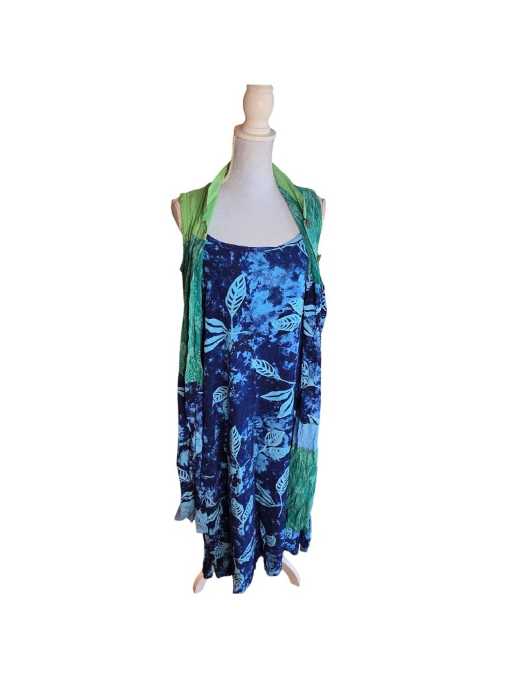 Vintage 90s The Planet Blue Floral Rayon 2pc Dress Set Boho Hippie Festival XL - Picture 4 of 14